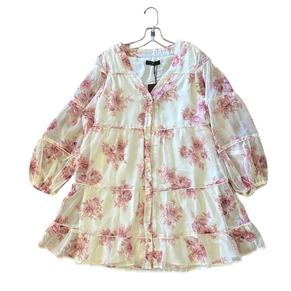 Long Sleeve Button-Up Tiered Floral Flowery Mini Dress, Floral, Size S, NWT - Picture 5 of 9